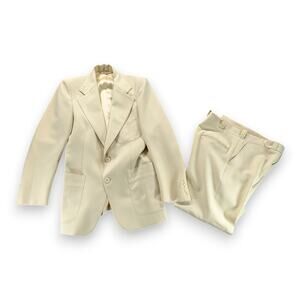 Vintage Suit Mens 36 31x30 Pants White Cream Ivory Disco Talon Union USA 2pc 70s